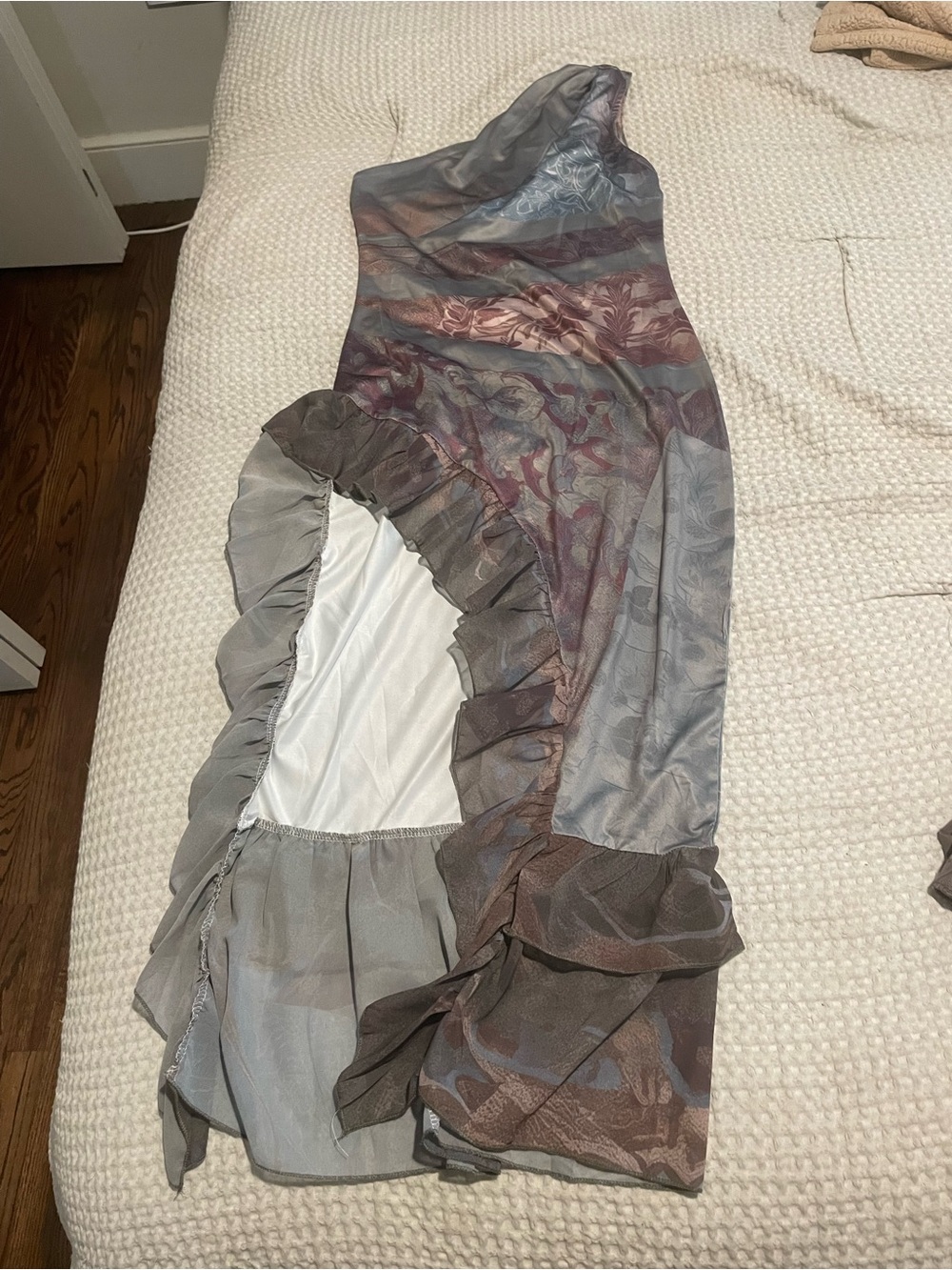 One-Shoulder Ruched Ruffle Evening Dress in Gray and Mauve